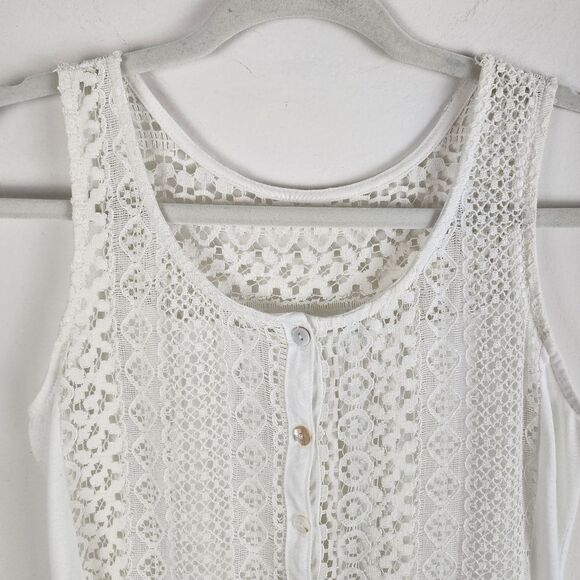 Cream Lace High-Low Top Sleeveless Button Up Sheer Blouse Small - Picture 13 of 13